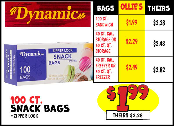 100 ct. Snack Bags: Our Price: $1.99, theirs: $2.28