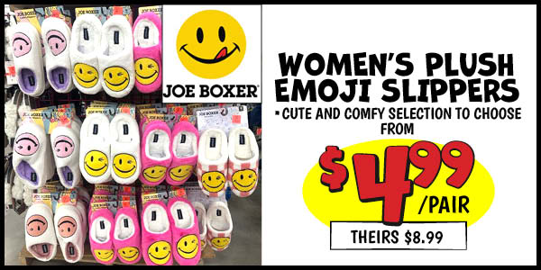 Women's Plush Emoji Slippers: Our Price: $4.99, theirs: $8.99