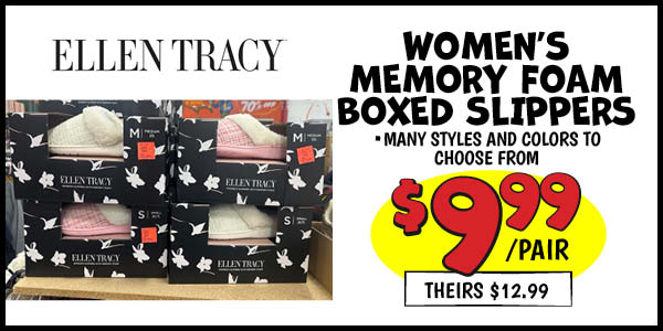 Women's Memory Foam Boxed Slippers: Our Price: $9.99, theirs: $12.99
