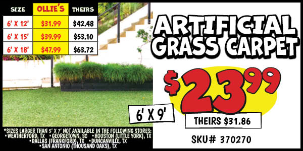 Grass Carpet: 6x9,Our Price: $23.99, theirs: $31.86, 6x12,Our Price: $31.99, theirs: $42.48, 6x15,Our Price: $39.99, theirs: $53.1, 6x18,Our Price: $47.99, theirs: $63.72