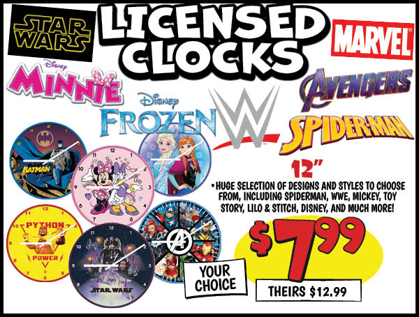 12 Licensed Clocks: Our Price: $7.99, theirs: $12.99