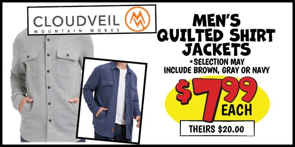 Men's Quilted Shirt Jackets: Our Price: $7.99, theirs: $20.00