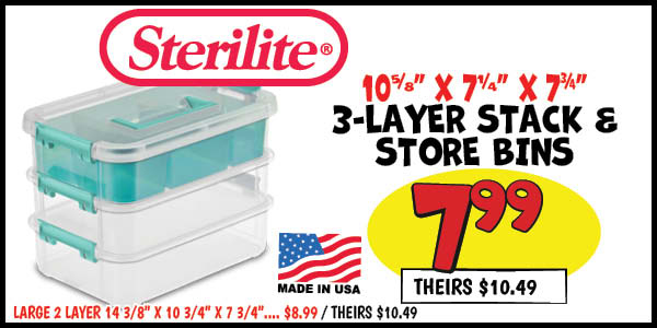 Stack and Carry Handle Boxes: Small,3,layer,(10,5/8 in. ,x,7,1/4 in. ,x,7,3/4 in. ),Our Price: $7.99, theirs: $10.49, Large,2,Layer,(14,3/8 in. ,x,10,3/4 in. ,x,7,3/4 in. ),Our Price: $8.99, theirs: $10.49