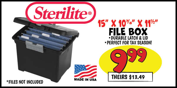 Portable File Box: Our Price: $9.99, theirs: $13.49