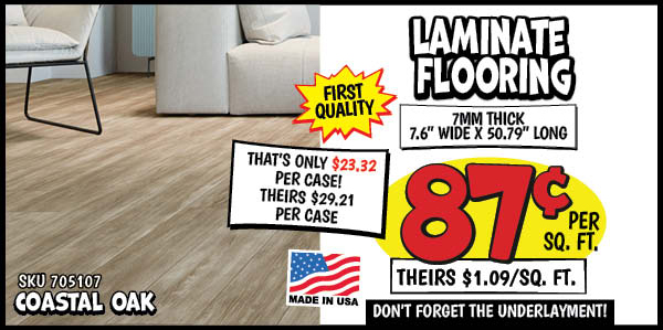 7mm Laminate Flooring: Coastal,Oak,7mm,Laminate,Our Price: $0.87, theirs: $1.09