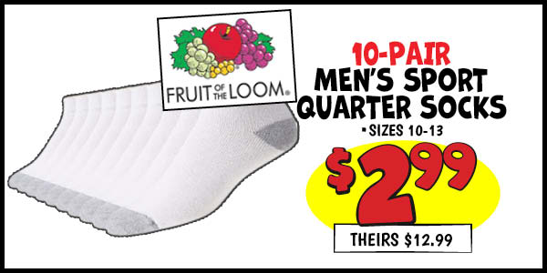 Men's 10-pair Sport Quarters: Our Price: $2.99, theirs: $12.99