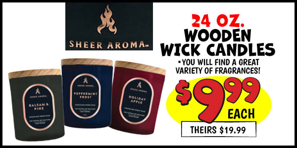 Wooden Wick Candles: Our Price: $9.99, theirs: $19.99