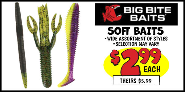 Big Bite Baits Soft Baits: Our Price: $2.99, theirs: $5.99