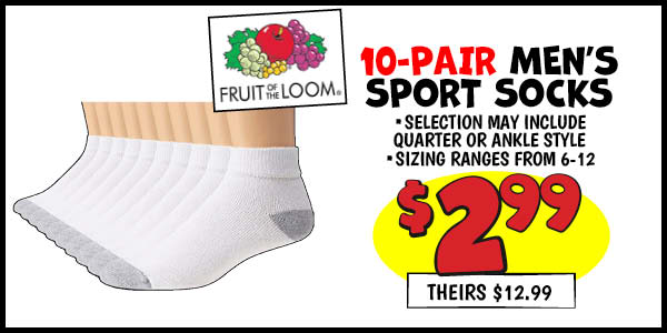 Fruit of the Loom Men's Sport Socks: Our Price: $2.99, theirs: $12.99