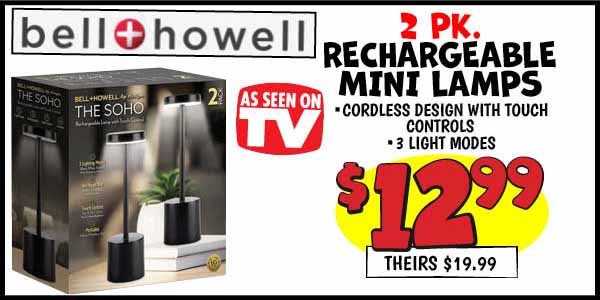 2 pk. Rechargeable Mini Lamps: Our Price: $12.99, theirs: $19.99
