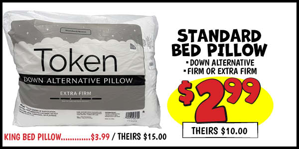 Standard Bed Pillow: Our Price: $2.99, theirs: $10.00
