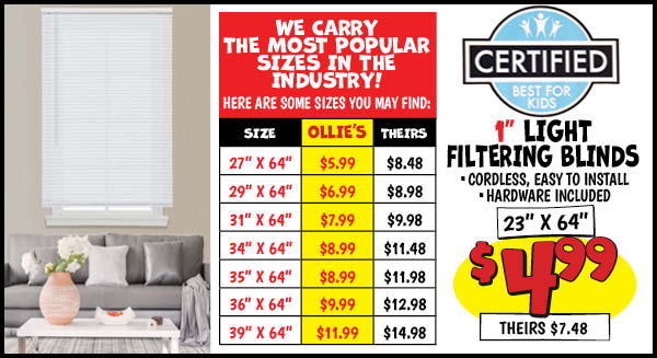 23 x 64 in. Light Filtering Blinds: Our Price: $4.99, theirs: $7.48