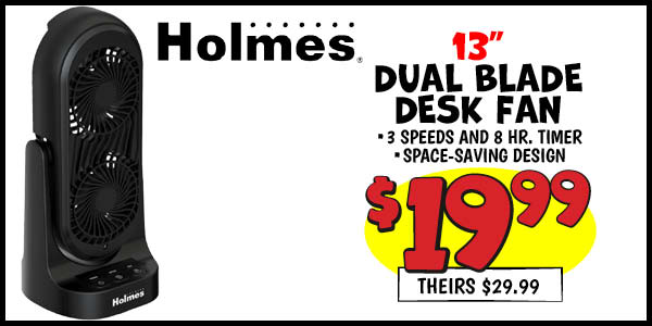 Dual Blade 13 in. Desk Fan: Our Price: $19.99, theirs: $29.99