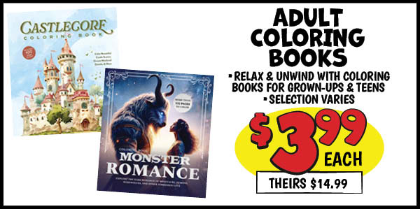 Adult Coloring Books: Our Price: $3.99, theirs: $14.99