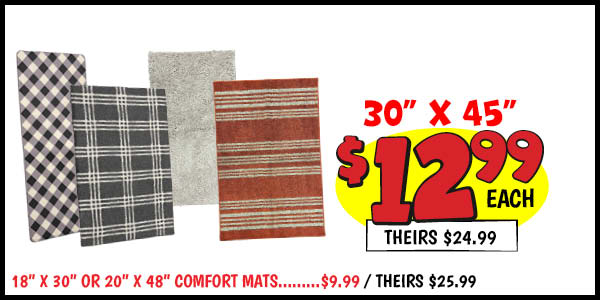Accent and Bath Rugs: Our Price: $12.99, theirs: $24.99