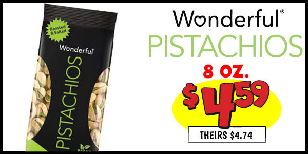8 oz. wonderful pistachios in-shell: Our Price: $4.59, theirs: $4.74