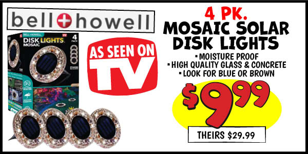 4 pk. asotv mosaic solar disk lights: Our Price: $9.99, theirs: $29.99