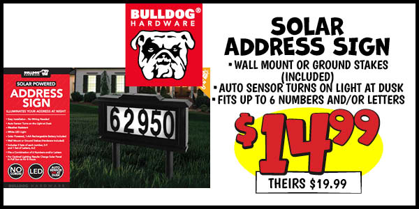 Solar address sign: Our Price: $14.99, theirs: $19.99