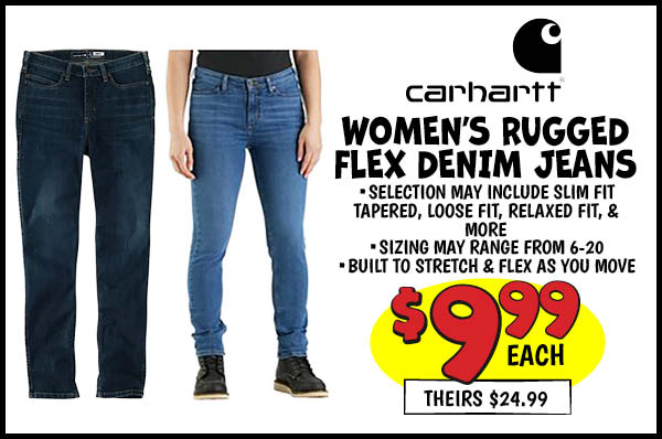 Women's rugged flex denim jeans: Our Price: $9.99, theirs: $24.99