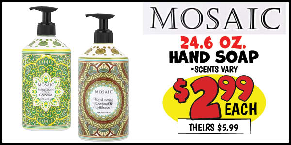 24.6 oz. mosaic hand soap: Our Price: $2.99, theirs: $5.99