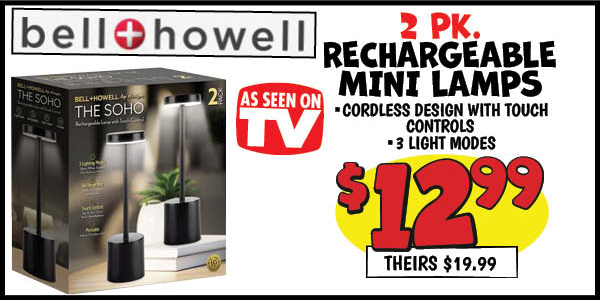 2 pk. asotv rechargeable mini lamps: Our Price: $12.99, theirs: $19.99