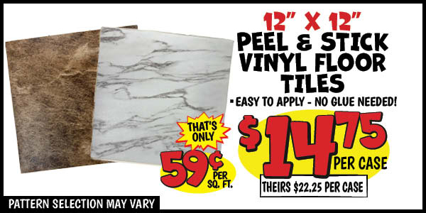 Peel and stick vinyl floor tile: Per,Tile,Our Price: $0.59, theirs: $0.89