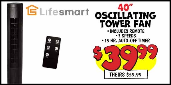 40 in. oscillating tower fan: Our Price: $39.99, theirs: $59.99
