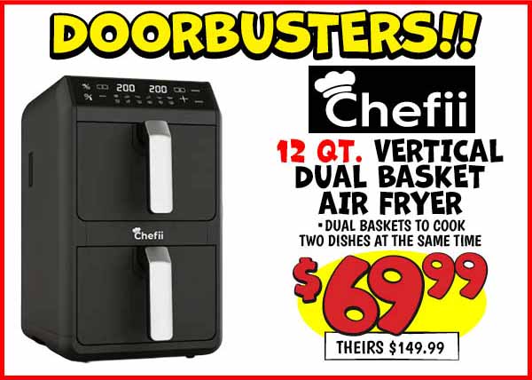 Vertical double air fryer: Our Price: $69.99, theirs: $149.99