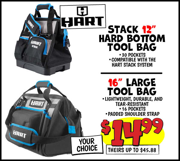 Hart 16 in. large tool bag: Our Price: $14.99, theirs: $45.88