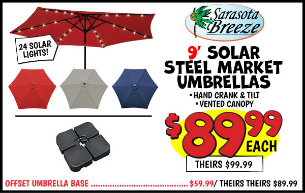 9' solar steel market umbrella: Our Price: $89.99, theirs: $99.99