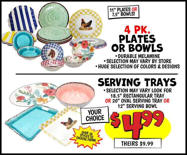 4 pk. Plates or Bowls or Serving Trays: Our Price: $4.99, theirs: $9.99