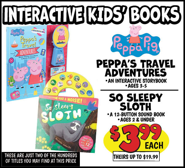 Peppa's travel adventures: Our Price: $3.99, theirs: $19.99, So sleepy sloth: Our Price: $3.99, theirs: $16.99
