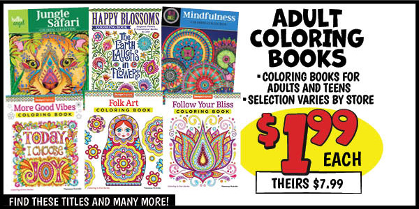 Adult coloring books: Our Price: $1.99, theirs: $7.99