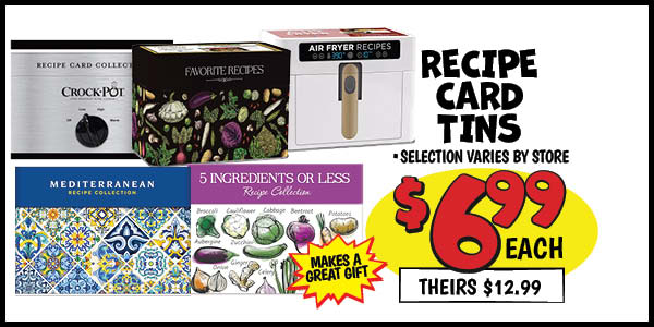 Recipe card tins: Our Price: $6.99, theirs: $12.99