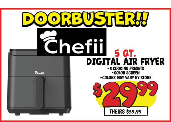 5 qt. digital air fryer: Our Price: $29.99, theirs: $59.99