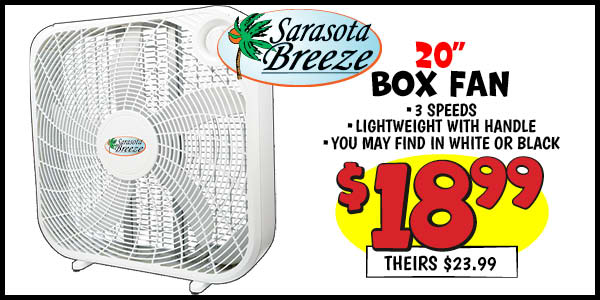 20 in. box fan: Our Price: $18.99, theirs: $23.99