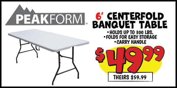 6' centerfold banquet table: Our Price: $49.99, theirs: $59.99