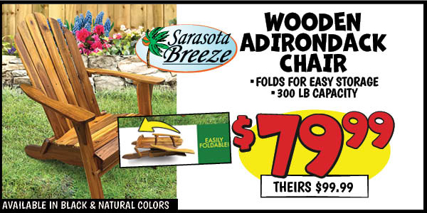 Wooden adirondack chair: Our Price: $79.99, theirs: $99.99