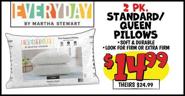 2 pk. standard queen bed pillows: Our Price: $14.99, theirs: $24.99