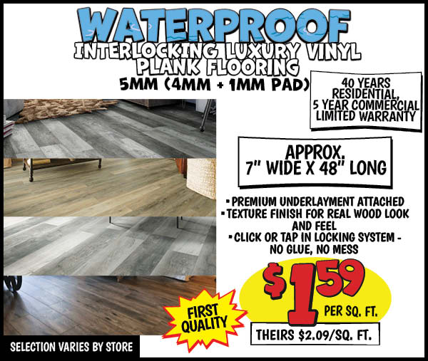 Waterproof lvp vinyl laminate flooring: Price,Per,Sq, Ft.,Our Price: $1.89, theirs: $2.09