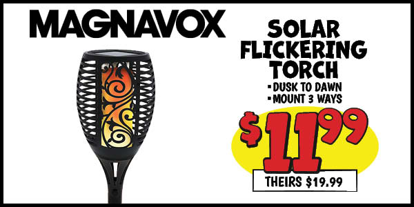 Magnavox solar flickering torch: Our Price: $11.99, theirs: $19.99