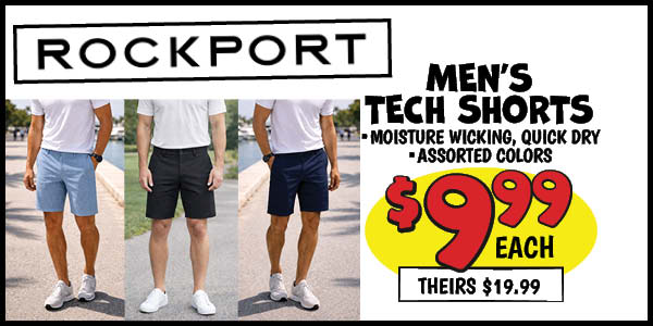 Men's rockport tech shorts: Our Price: $9.99, theirs: $19.99