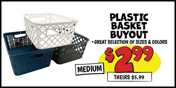 Plastic basket buyout: Medium,Our Price: $2.99, theirs: $5.99