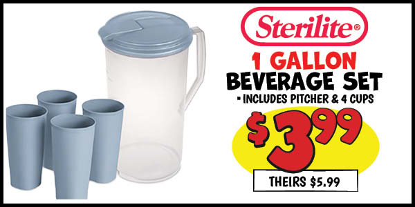 1 gallon beverage set: Our Price: $3.99, theirs: $5.99