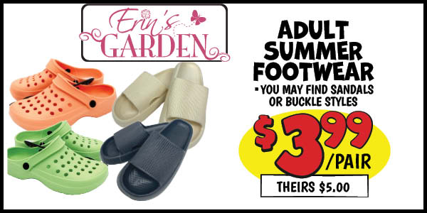 Adult footwear: Our Price: $3.99, theirs: $5.0