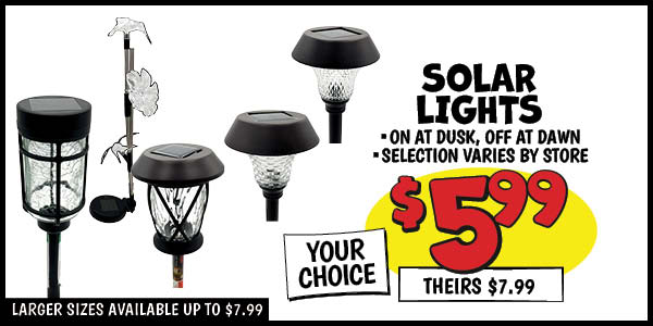 solar lights: Our Price: $5.99, theirs: $7.99