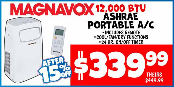 Magnavox 12K BTU Ashrae Portable AC: Our Price: $339.99 After Discount, theirs: $449.99