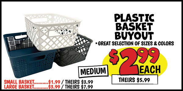 Plastic basket buyout: Medium,Our Price: $2.99, theirs: $5.99