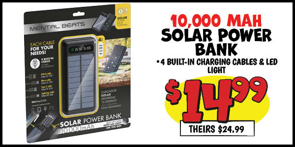 10,000 mah solar power bank: Our Price: $14.99, theirs: $24.99