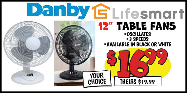 12 in. table fan: Our Price: $16.99, theirs: $19.99